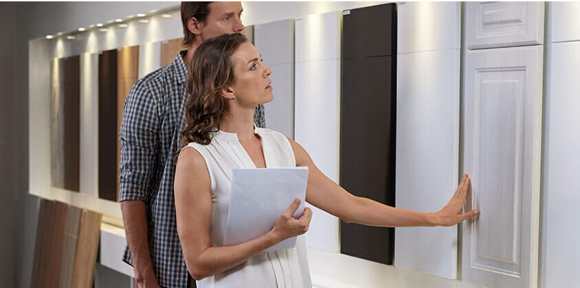 Choosing door and finish samples in the showroom