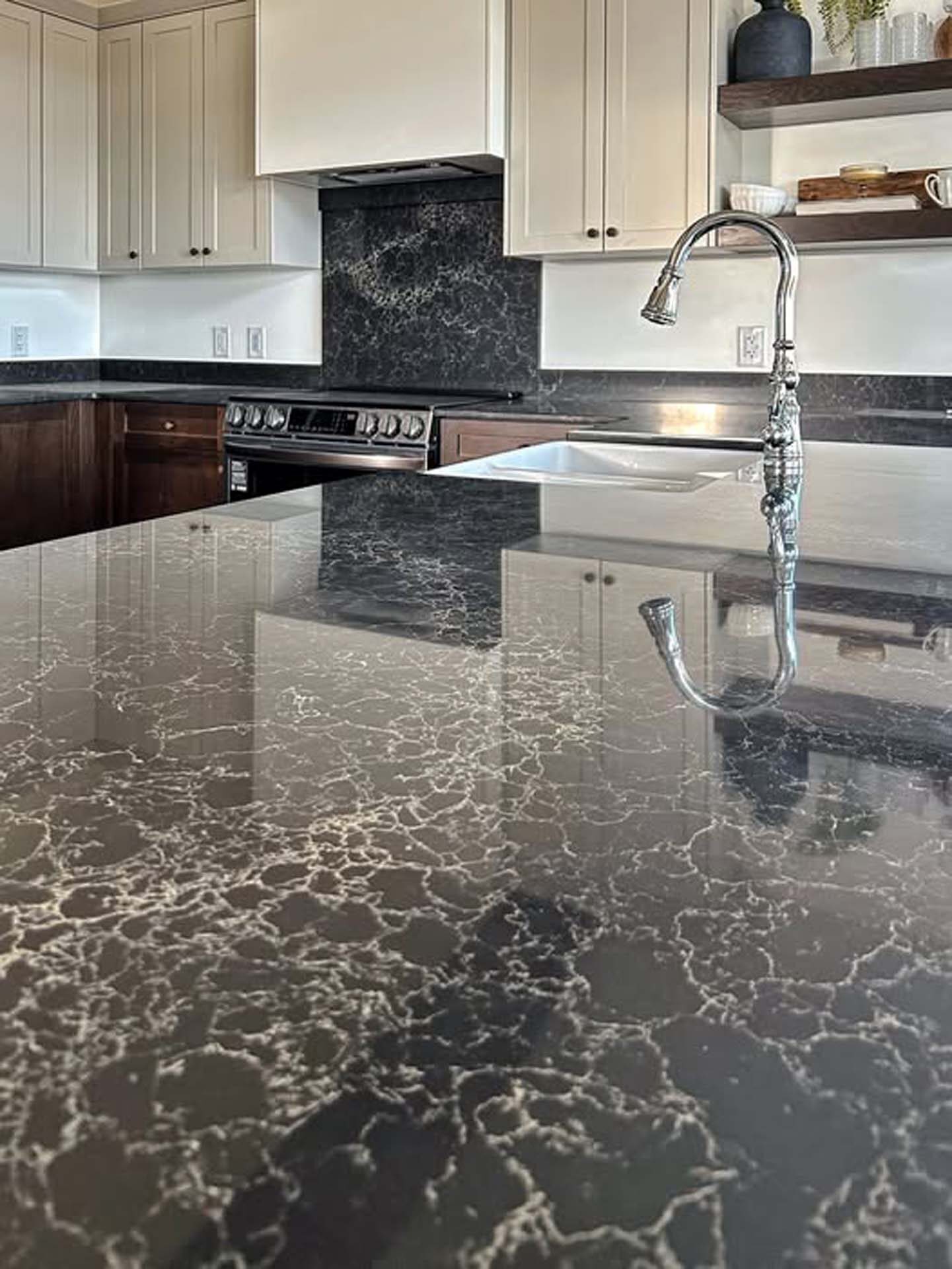 Polished dark granite countertop