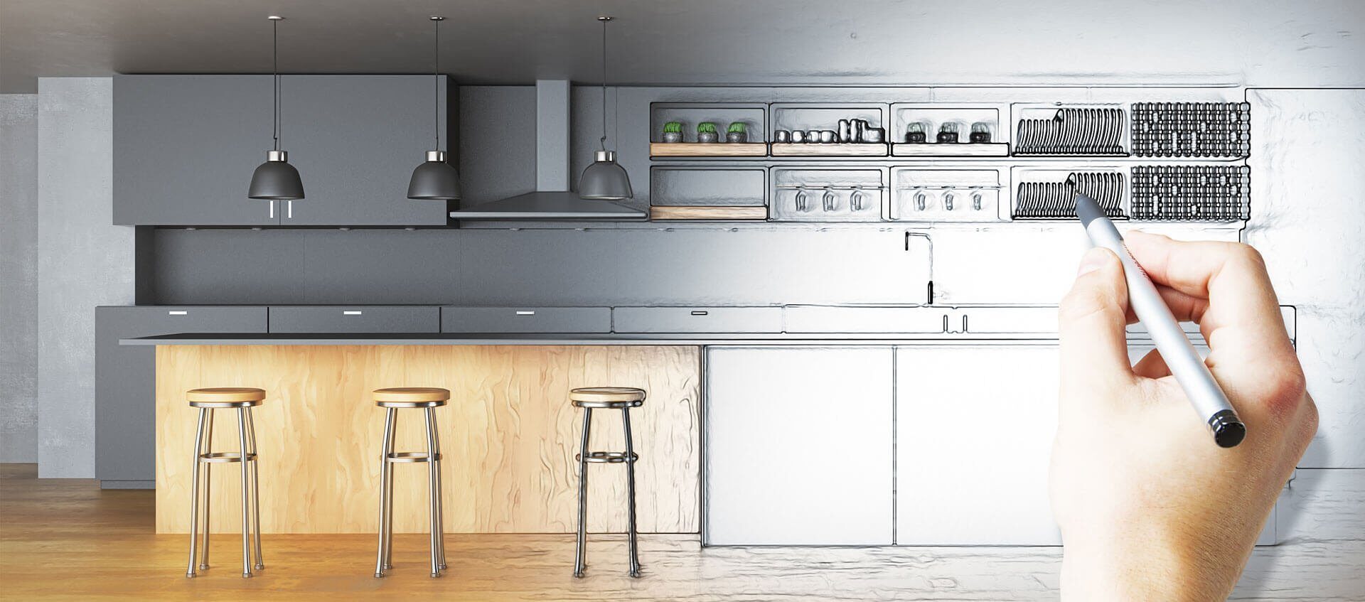 Hand-drawn kitchen shop drawing