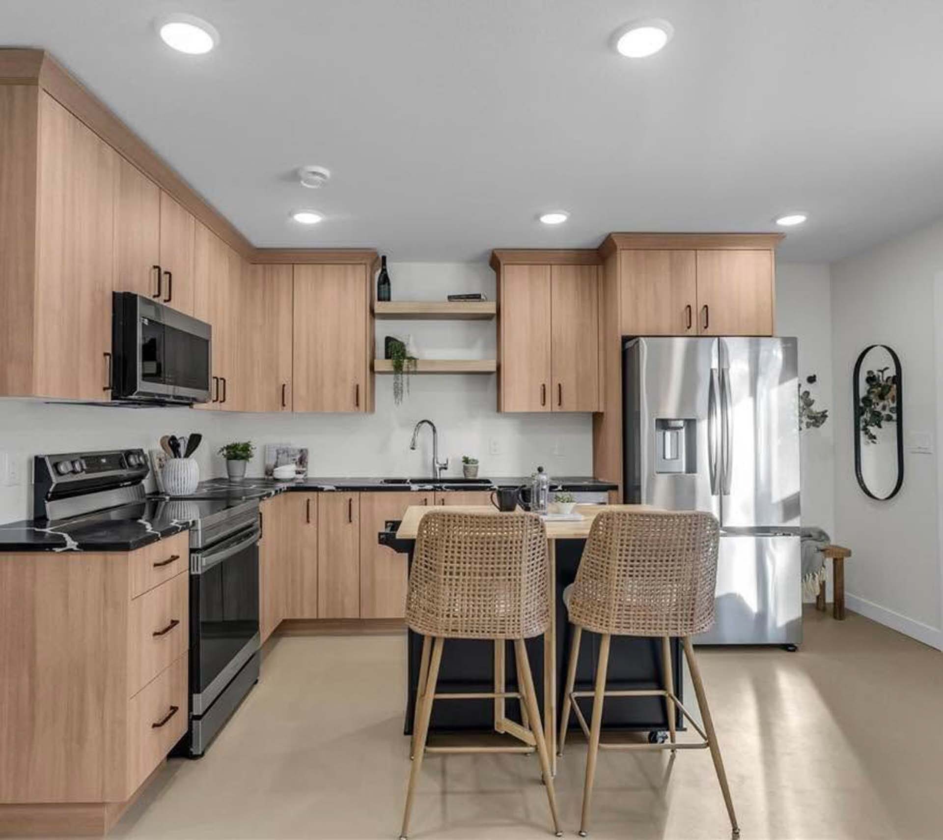 Wood and white kitchen with an island
