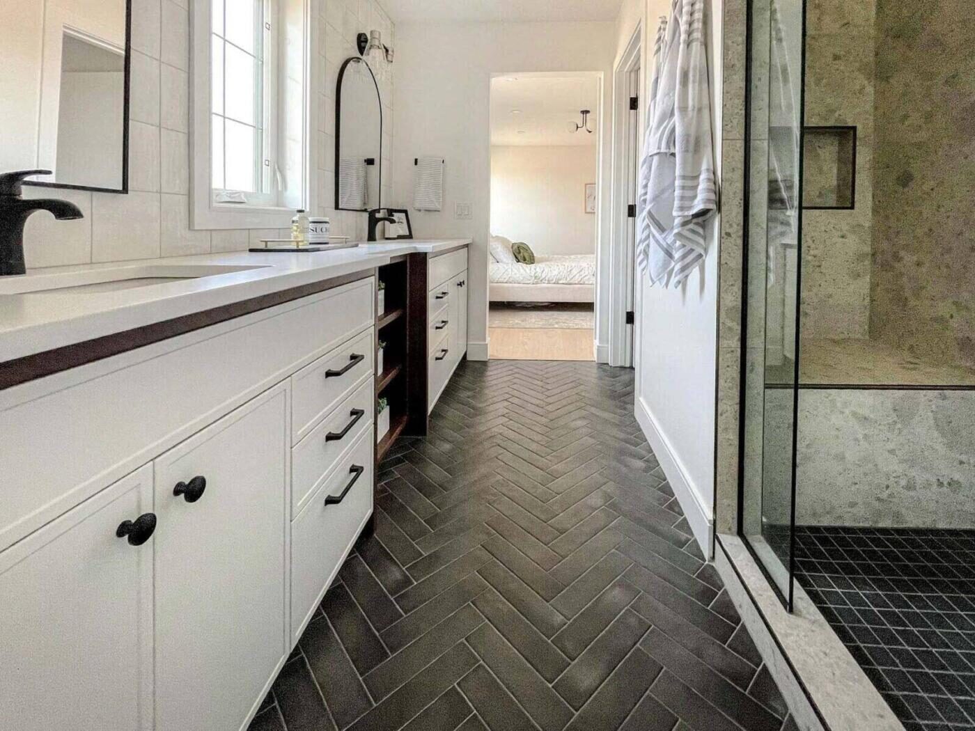 Custom vanity cabinetry with generous storage