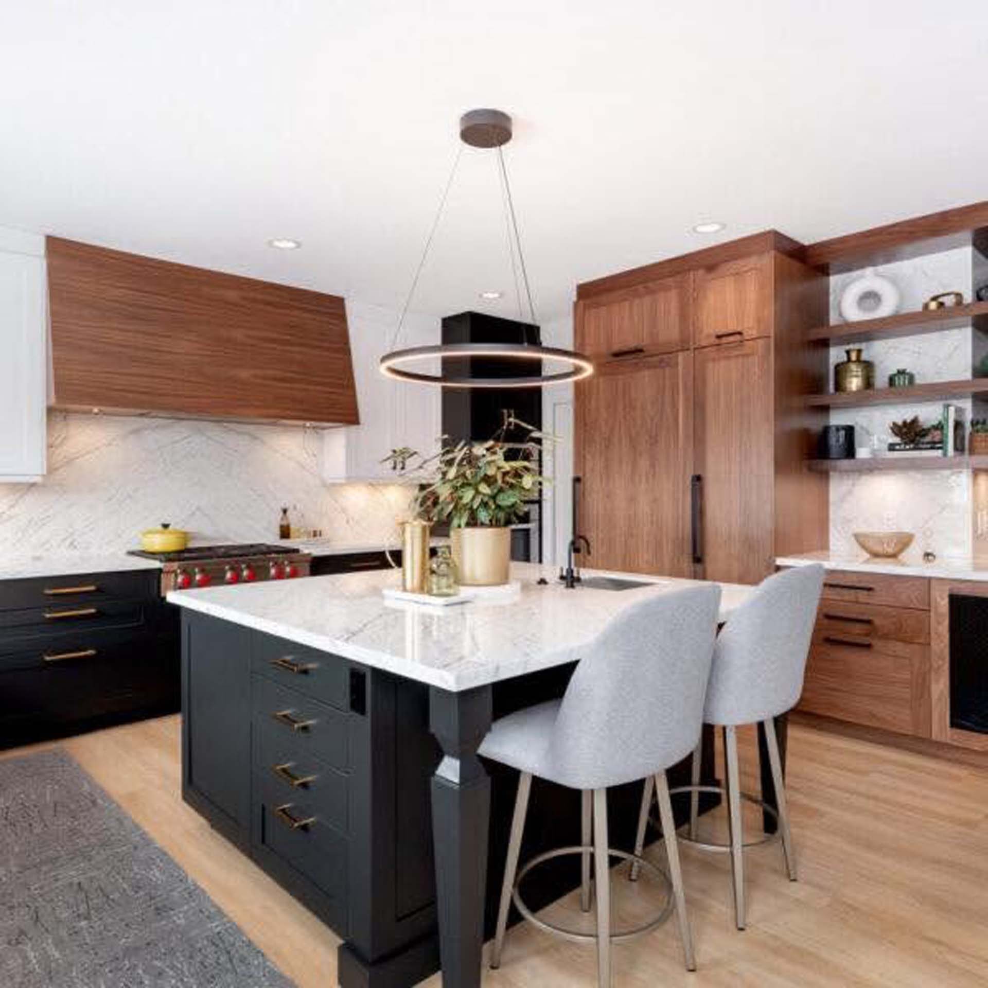 Walnut island kitchen with custom cabinetry
