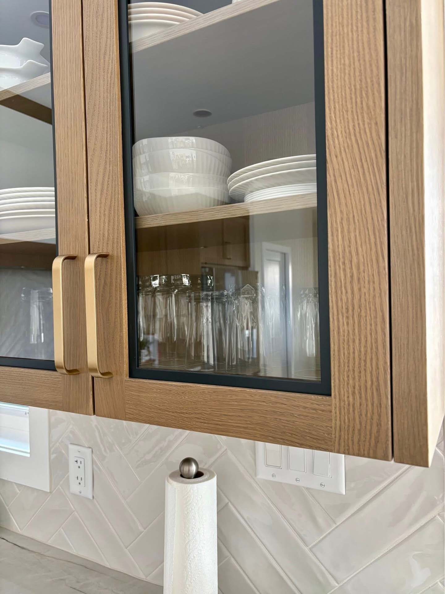 Custom cabinet doors with glass and wood inlay